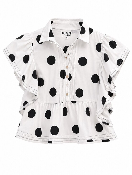BUCKETLIST Tops - Bucketlist Polka Dot Peplum Blouse, M, parisian, Euro-Summer, Coastal
